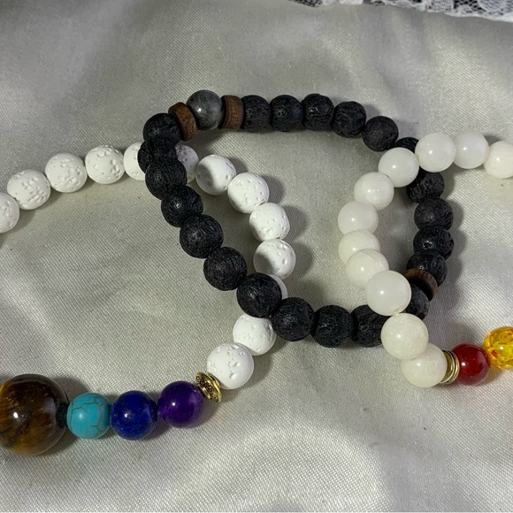 3 White and Black Lava Stone CHakra Beaded Stretch Bracelet Trio - Picture 3 of 3